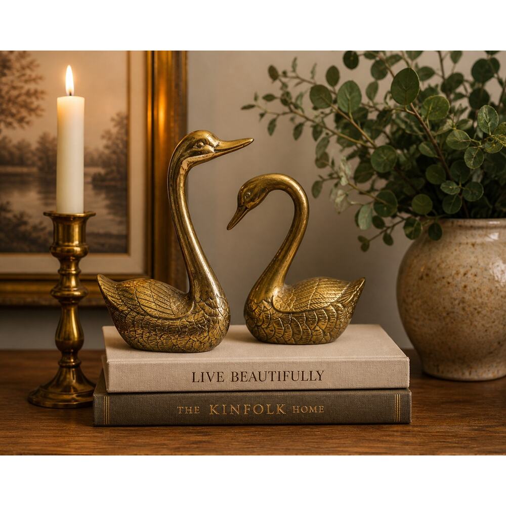 Vintage Brass Swan Figurines Pair Hollywood Regency Decor Heavy Solid Brass